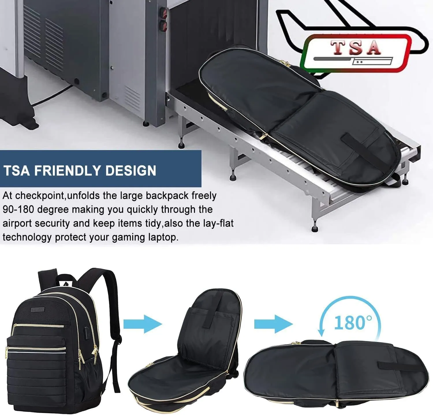KEOFID Anti-Thief Travel Backpack for Men and Women, Backpack Purse for Women, Casual Back pack for College(Black and Gold)