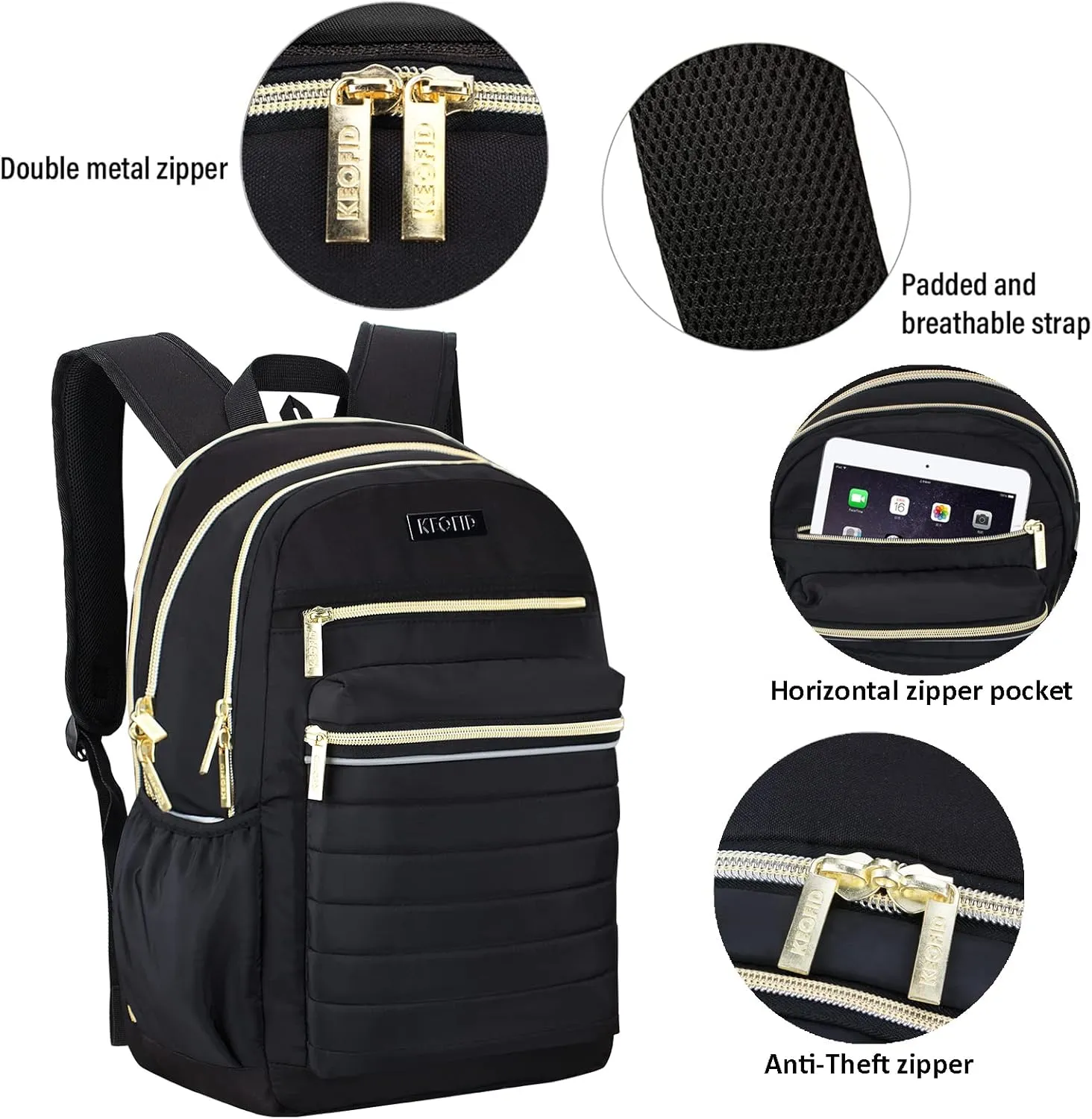 KEOFID Anti-Thief Travel Backpack for Men and Women, Backpack Purse for Women, Casual Back pack for College(Black and Gold)