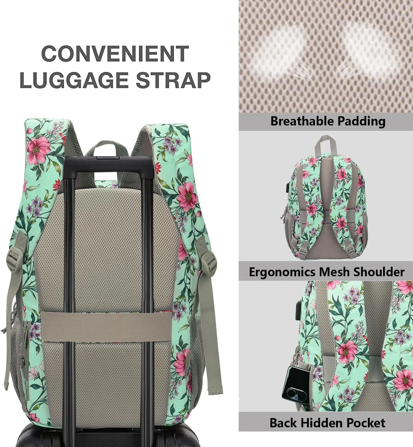 KEOFID classic carry-on travel backpack for men and women, Anti theft laptop backpack with USB charging port, work backpack, backpack for college, water resistent(Flowers)
