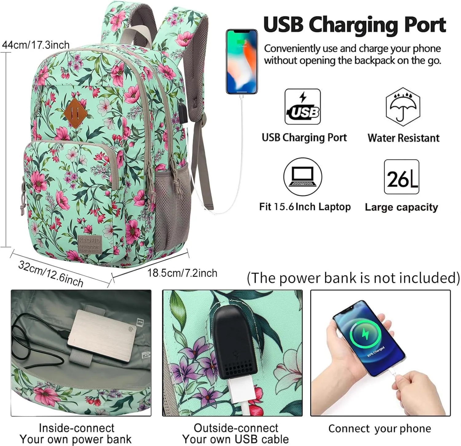 KEOFID classic carry-on travel backpack for men and women, Anti theft laptop backpack with USB charging port, work backpack, backpack for college, water resistent(Flowers)