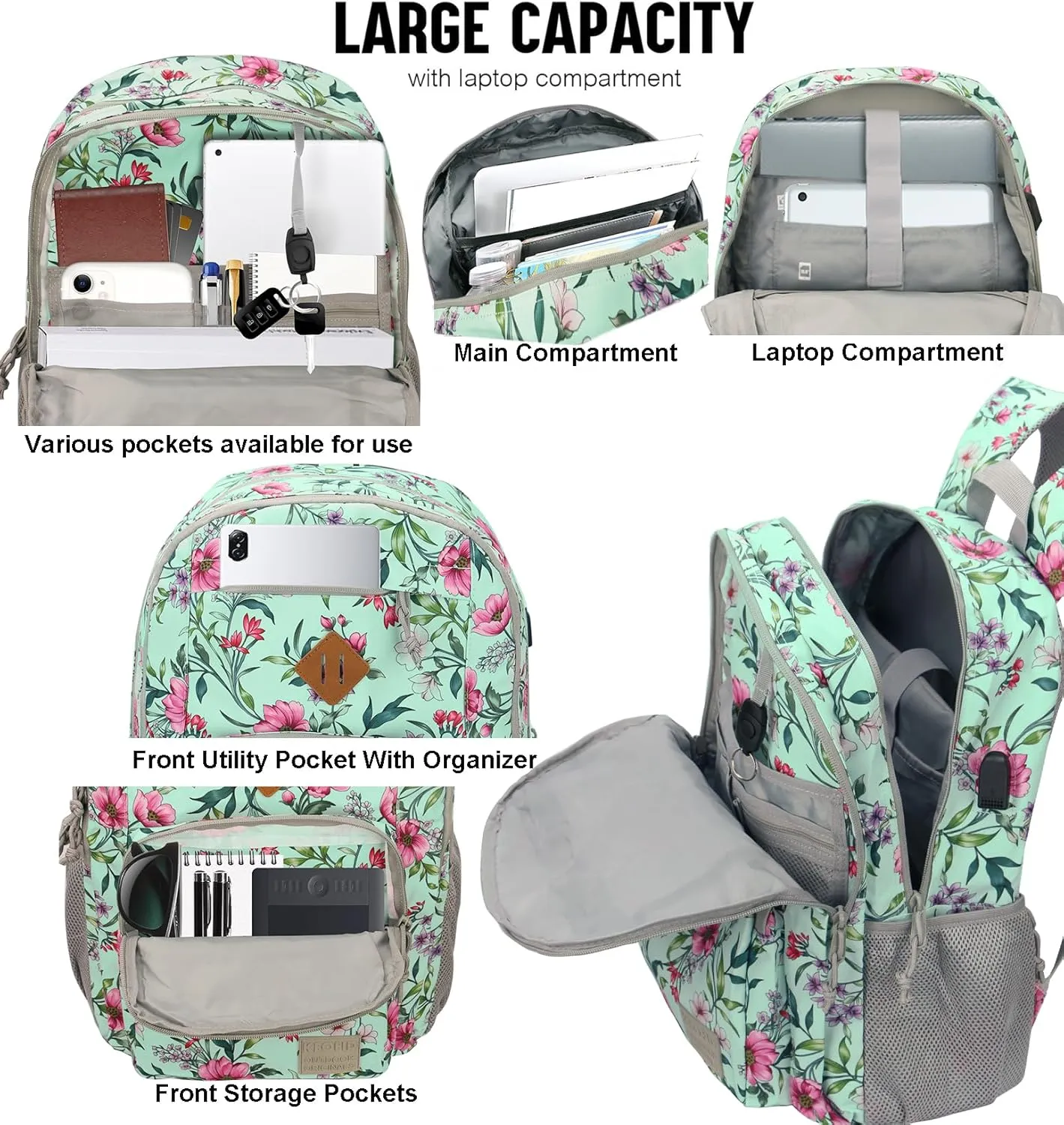 KEOFID classic carry-on travel backpack for men and women, Anti theft laptop backpack with USB charging port, work backpack, backpack for college, water resistent(Flowers)