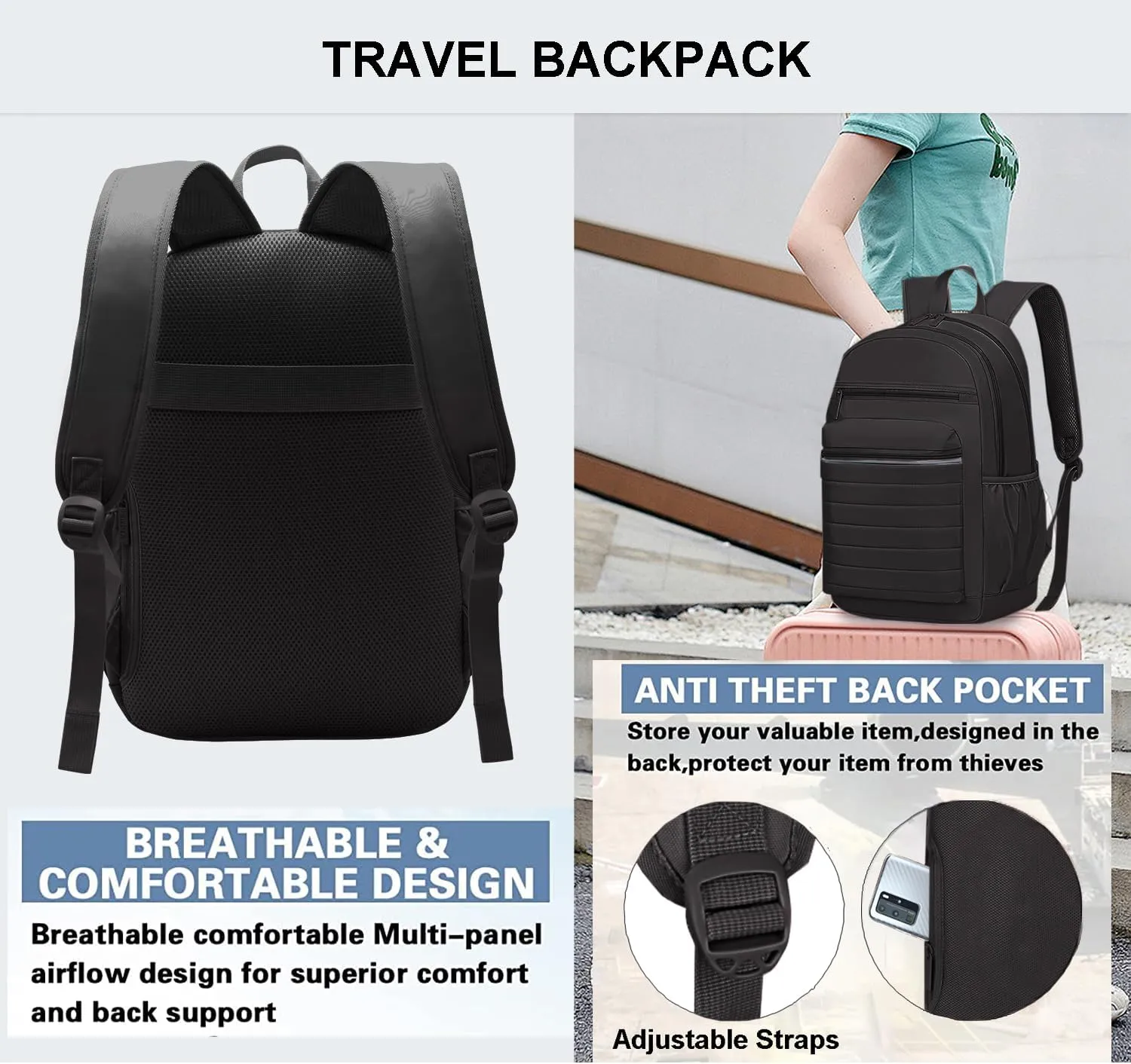 KEOFID Travel Backpack for Men and Women Carry-On, Backpack Purse for Women, Anti-Theft Womens backpacks, Casual Back pack for College(Carbon Black)