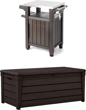 Keter Unity 40 Gallon Stainless Steel Top Grilling Bar Cart with Brightwood 120 Gallon Plastic Outdoor Furniture Storage Deck Box, Brown