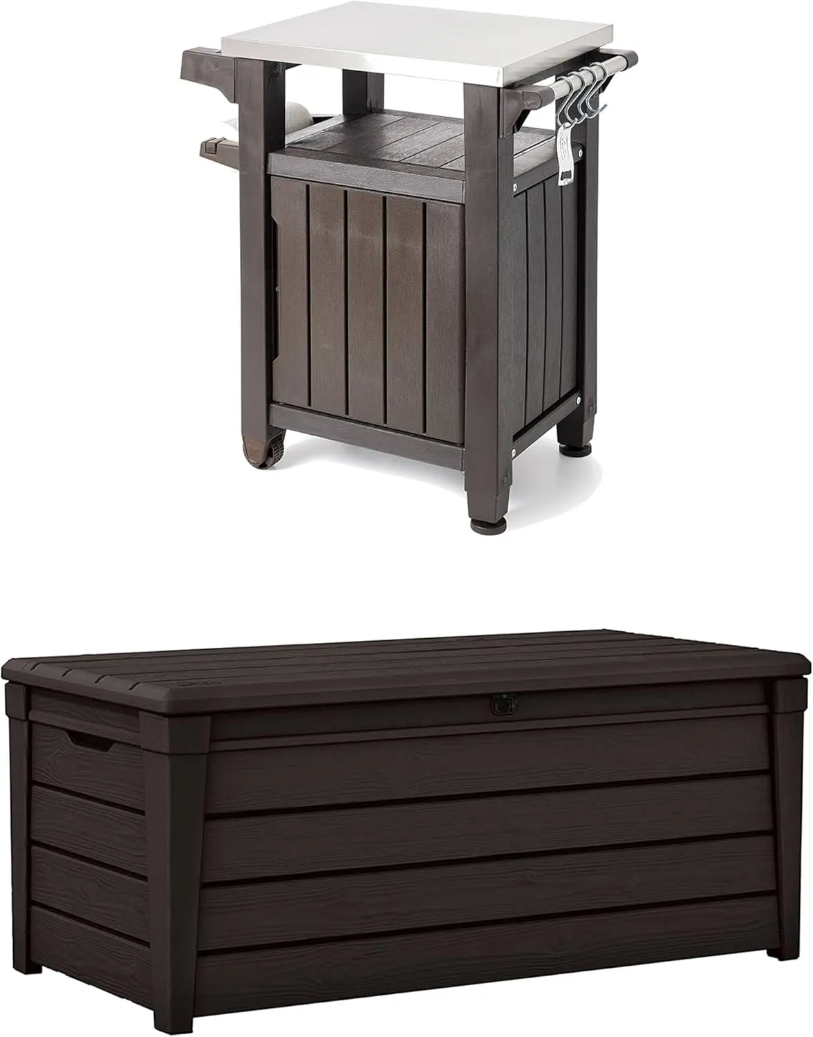 Keter Unity 40 Gallon Stainless Steel Top Grilling Bar Cart with Brightwood 120 Gallon Plastic Outdoor Furniture Storage Deck Box, Brown