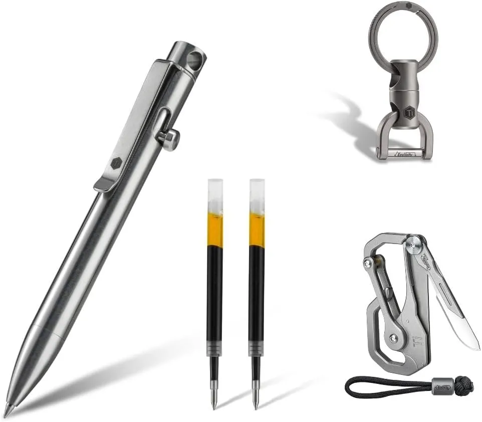 KeyUnity KP03ST Titanium EDC Bolt Action Pen, KU00 Titanium Quickdraw Carabiner & KM13 Swivel Key Ring Connector Bundle