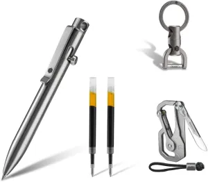 KeyUnity KP03ST Titanium EDC Bolt Action Pen, KU00 Titanium Quickdraw Carabiner & KM13 Swivel Key Ring Connector Bundle
