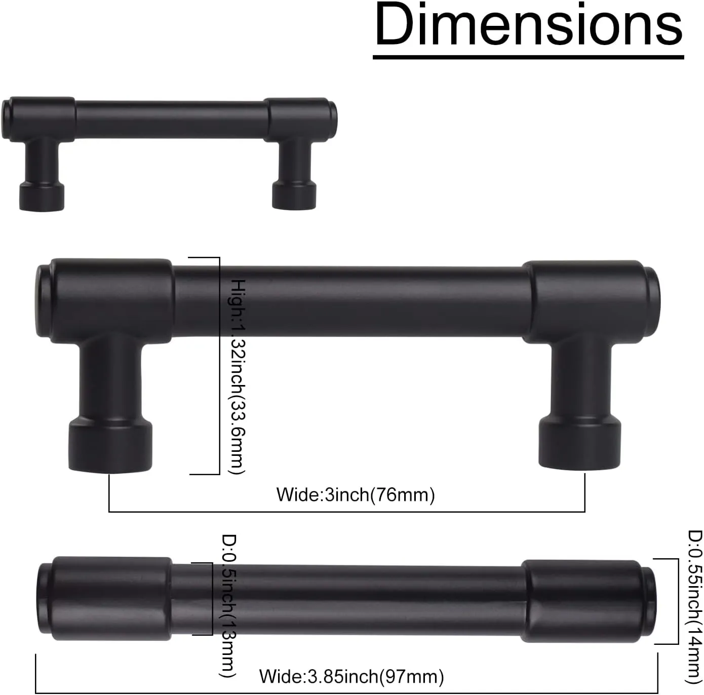 khtumeware Matte Black Cabinet Pulls - Center to Center 3" (Approx. 76MM) - Pack of 10 - Kitchen Handles for Cabinets Cupboard Handles Drawer Pulls