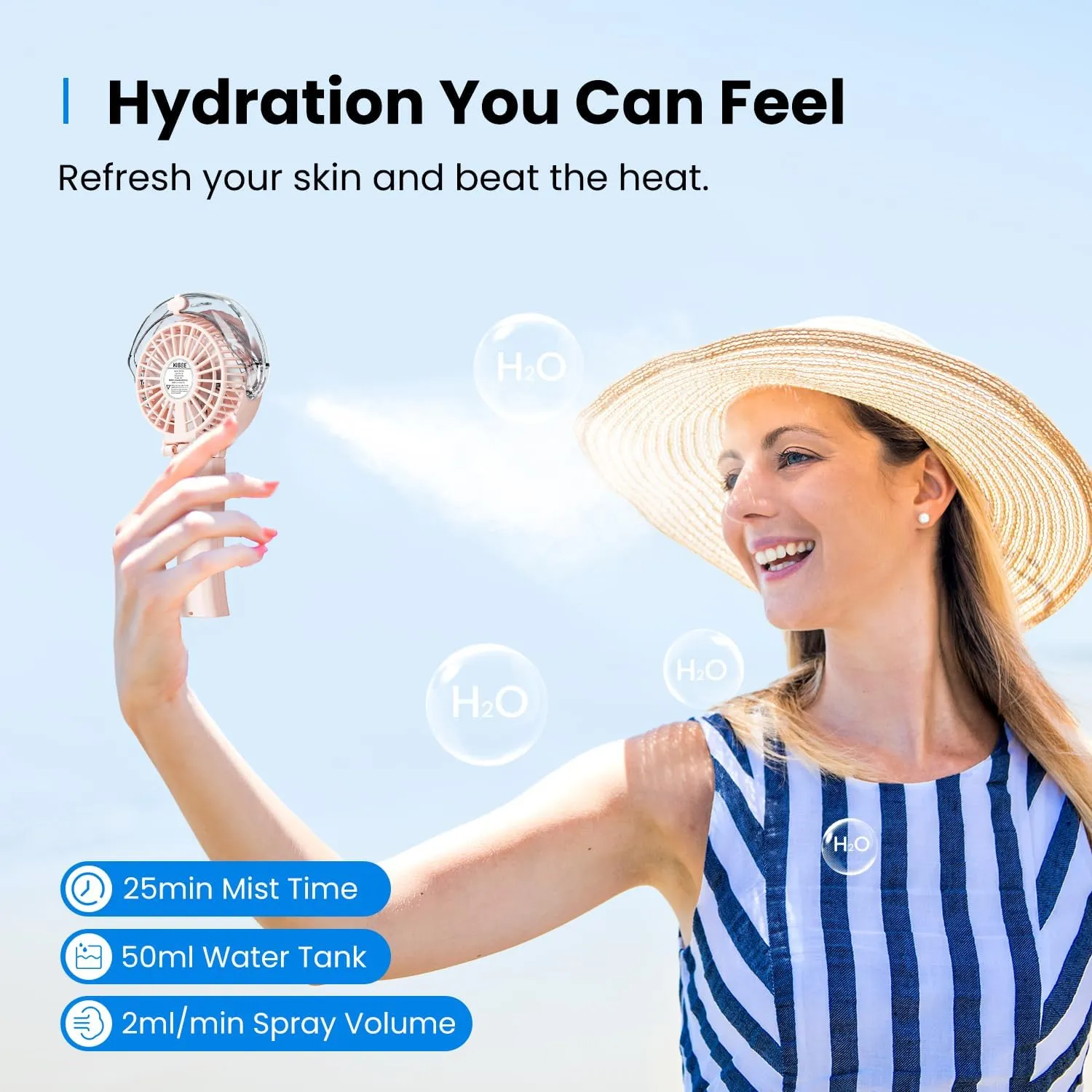 KIBEE Portable Misting Fan - 4000mAh Rechargeable, 50ml Water Tank, Foldable 180° Handheld Fan with Mist Spray, 3-Speed Personal, Portable Charger for Travel, Outdoors, Makeup & More(Pink)