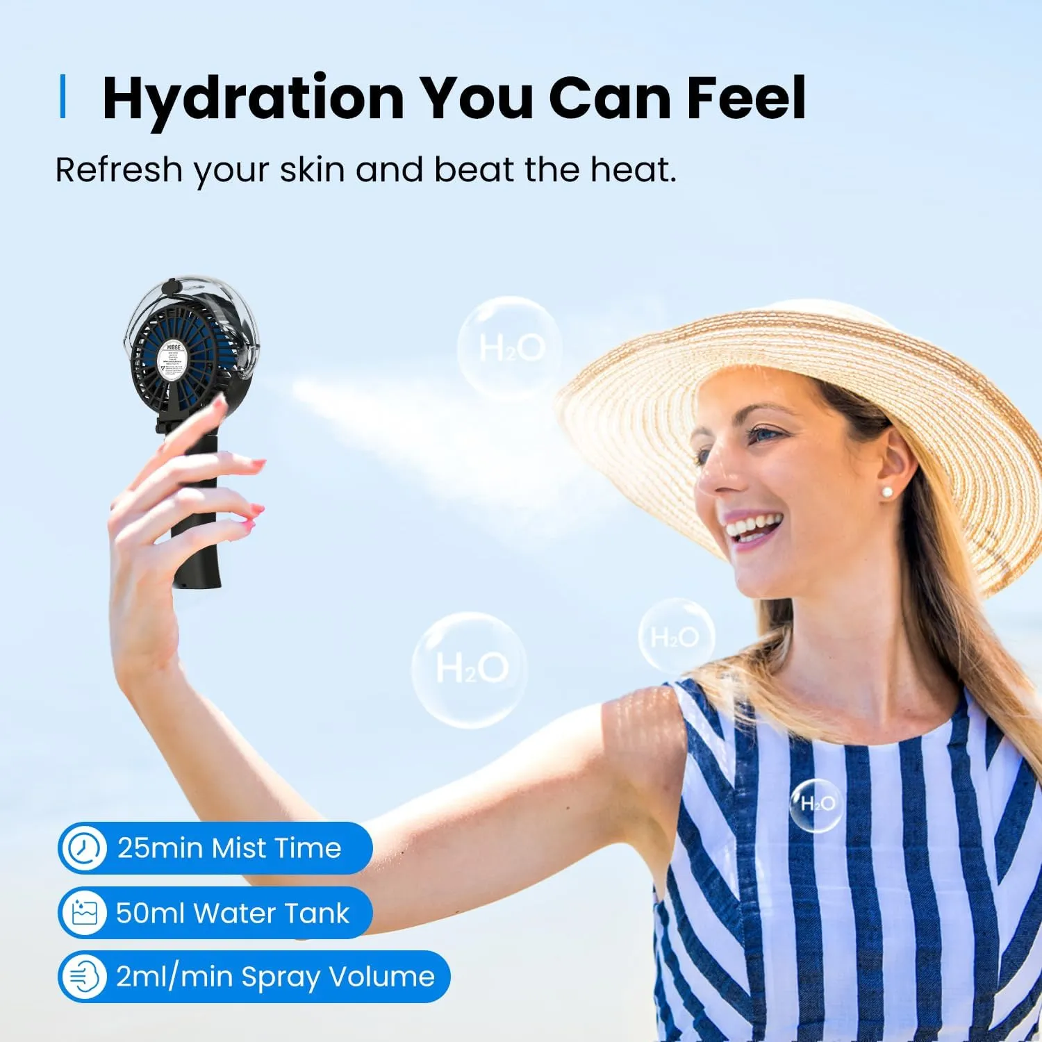 KIBEE Portable Misting Fan - 4000mAh Rechargeable, 50ml Water Tank, Foldable 180° Handheld with Mist Spray, 3-Speed Personal, Portable Charger for Travel, Outdoors, Makeup & More(Gray)
