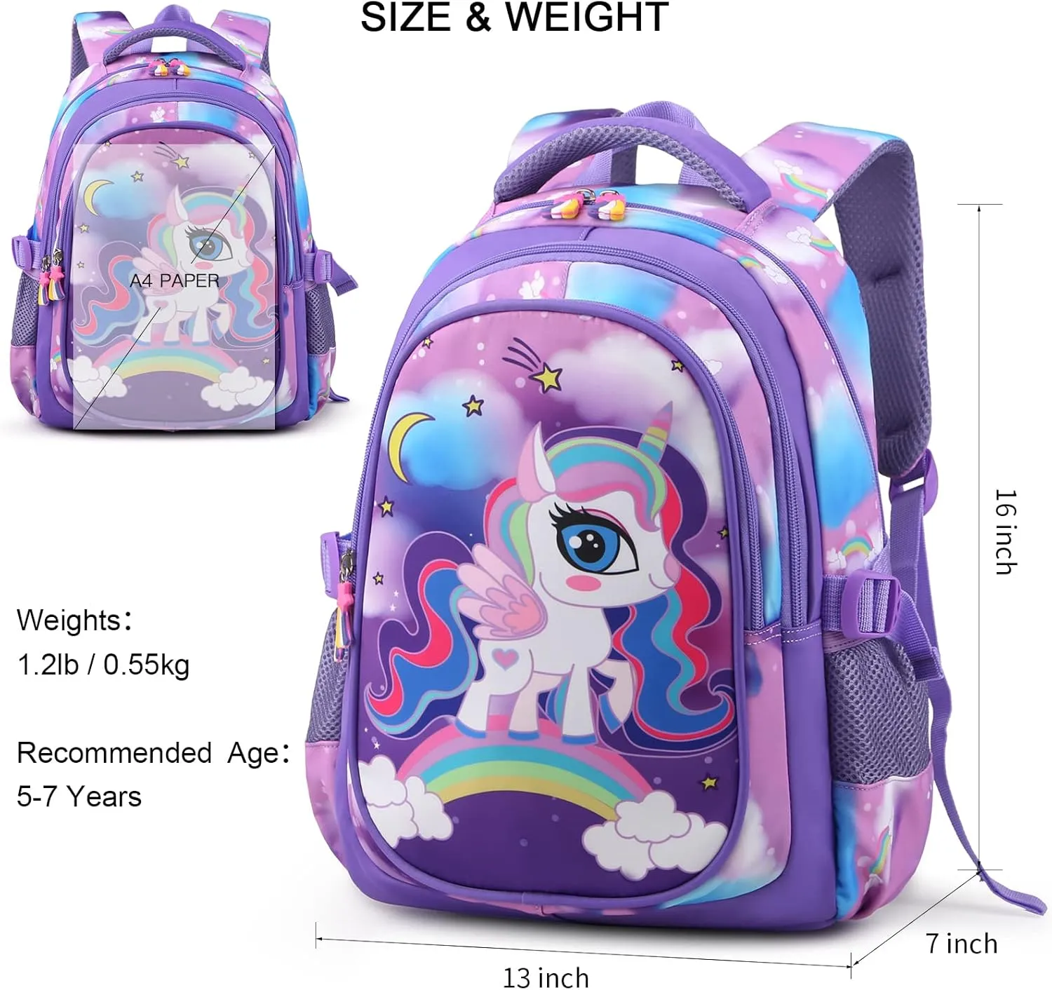 Kids Backpack 16 in Multifunctional Large Capacity Unicorn School Backpack for Girls Cute Lightweight Toddler Schoolbag with Bottle Side Pockets Preschool Girls Elementary Leisure Schoolbag