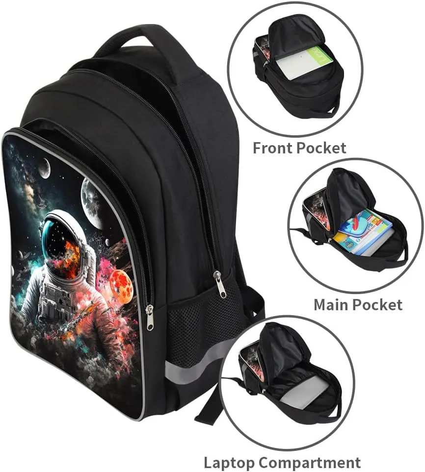 Kids Backpack, 3D Reflective Cartoon, 600D Polyester & Dual Zippers, 17" Bookbag with Ergonomic Design for boys & girls age 6-18, Astronauts Space Style for school Children Kids