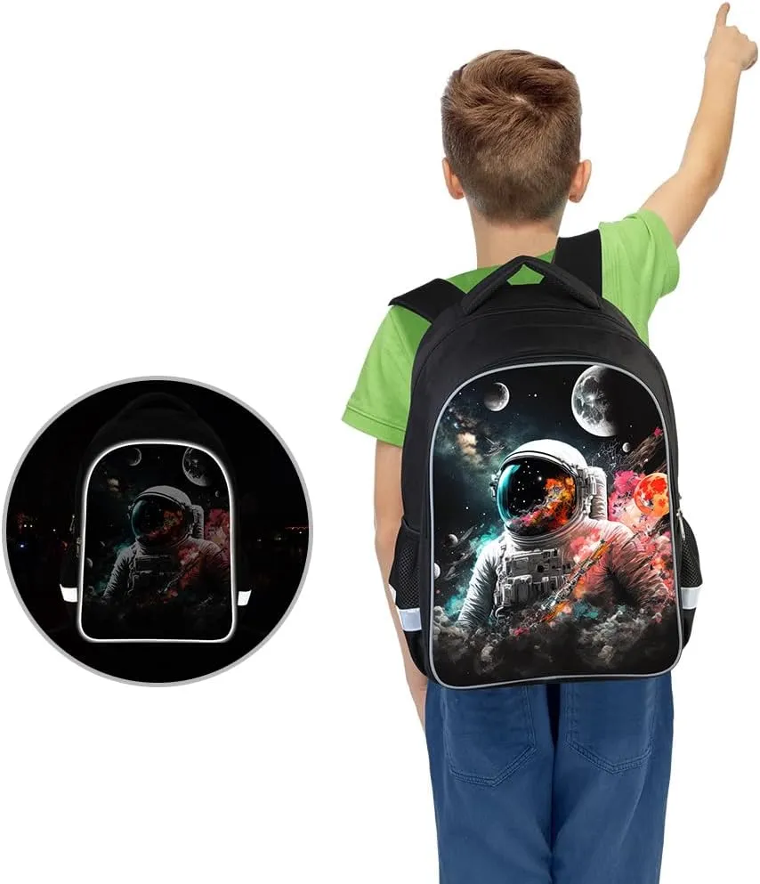 Kids Backpack, 3D Reflective Cartoon, 600D Polyester & Dual Zippers, 17" Bookbag with Ergonomic Design for boys & girls age 6-18, Astronauts Space Style for school Children Kids
