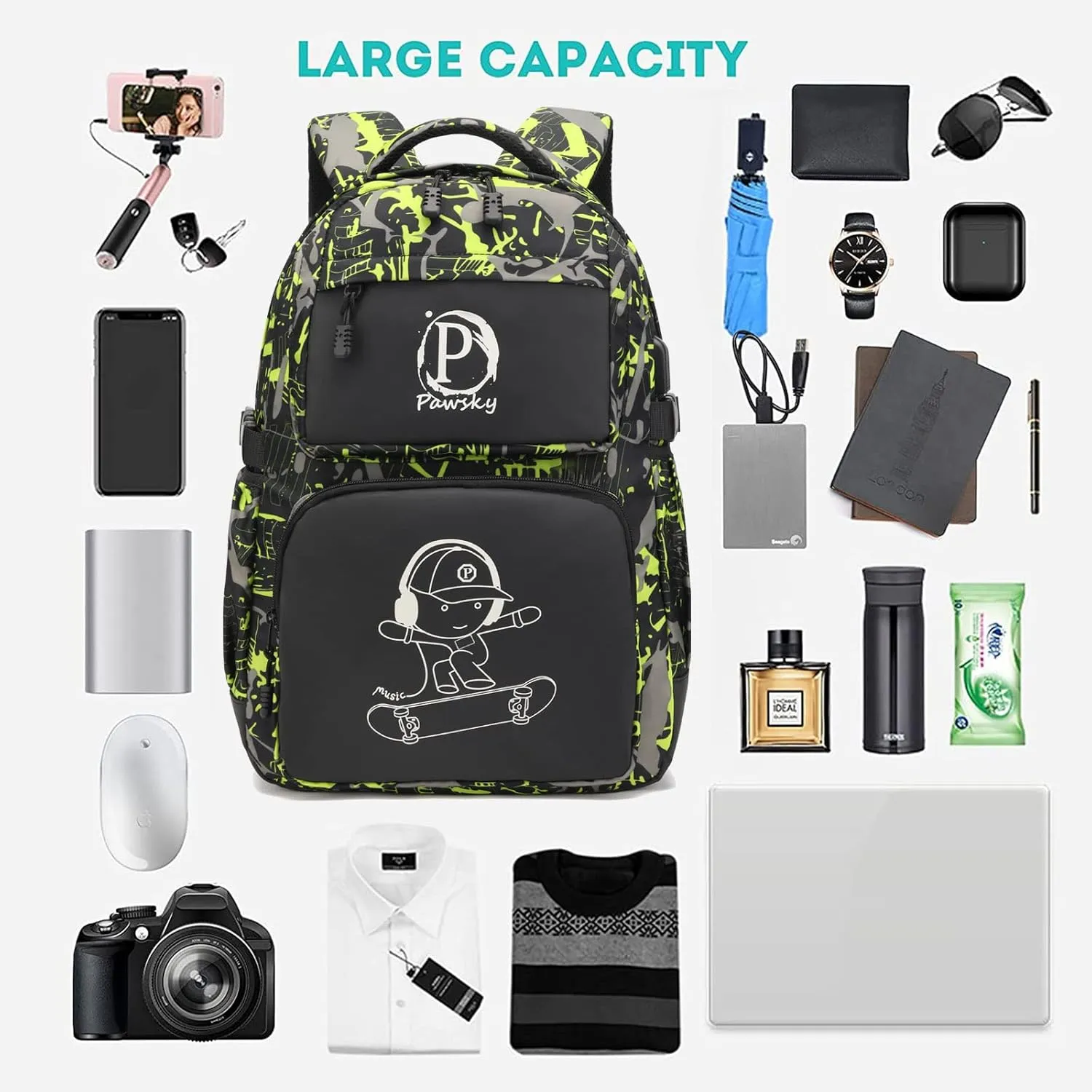 Kids Backpack Boys School Backpacks with USB Charging Port, College Elementary School Bookbag Skateboard Anime Luminous Lightweight Laptop Bag with Sling Bag, Green