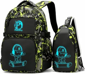 Kids Backpack Boys School Backpacks with USB Charging Port, College Elementary School Bookbag Skateboard Anime Luminous Lightweight Laptop Bag with Sling Bag, Green
