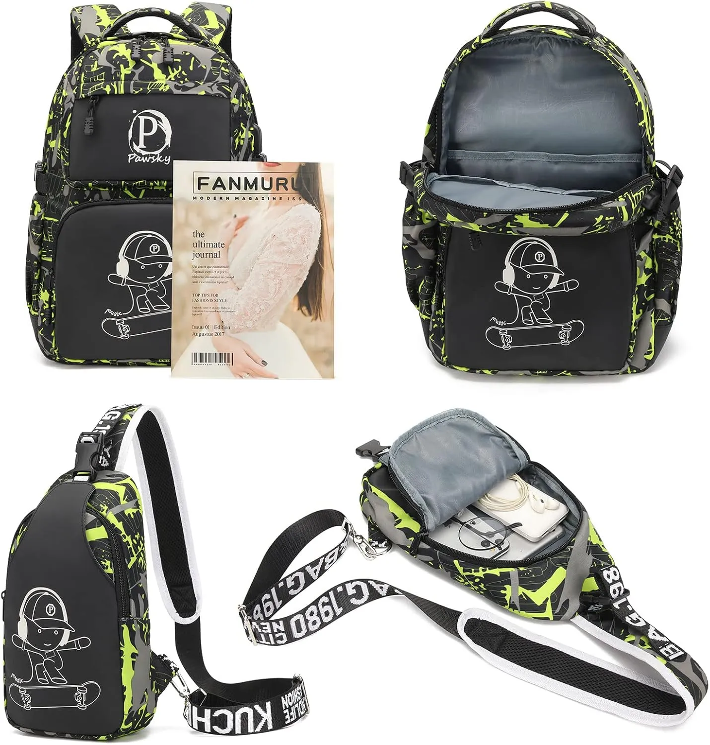 Kids Backpack Boys School Backpacks with USB Charging Port, College Elementary School Bookbag Skateboard Anime Luminous Lightweight Laptop Bag with Sling Bag, Green