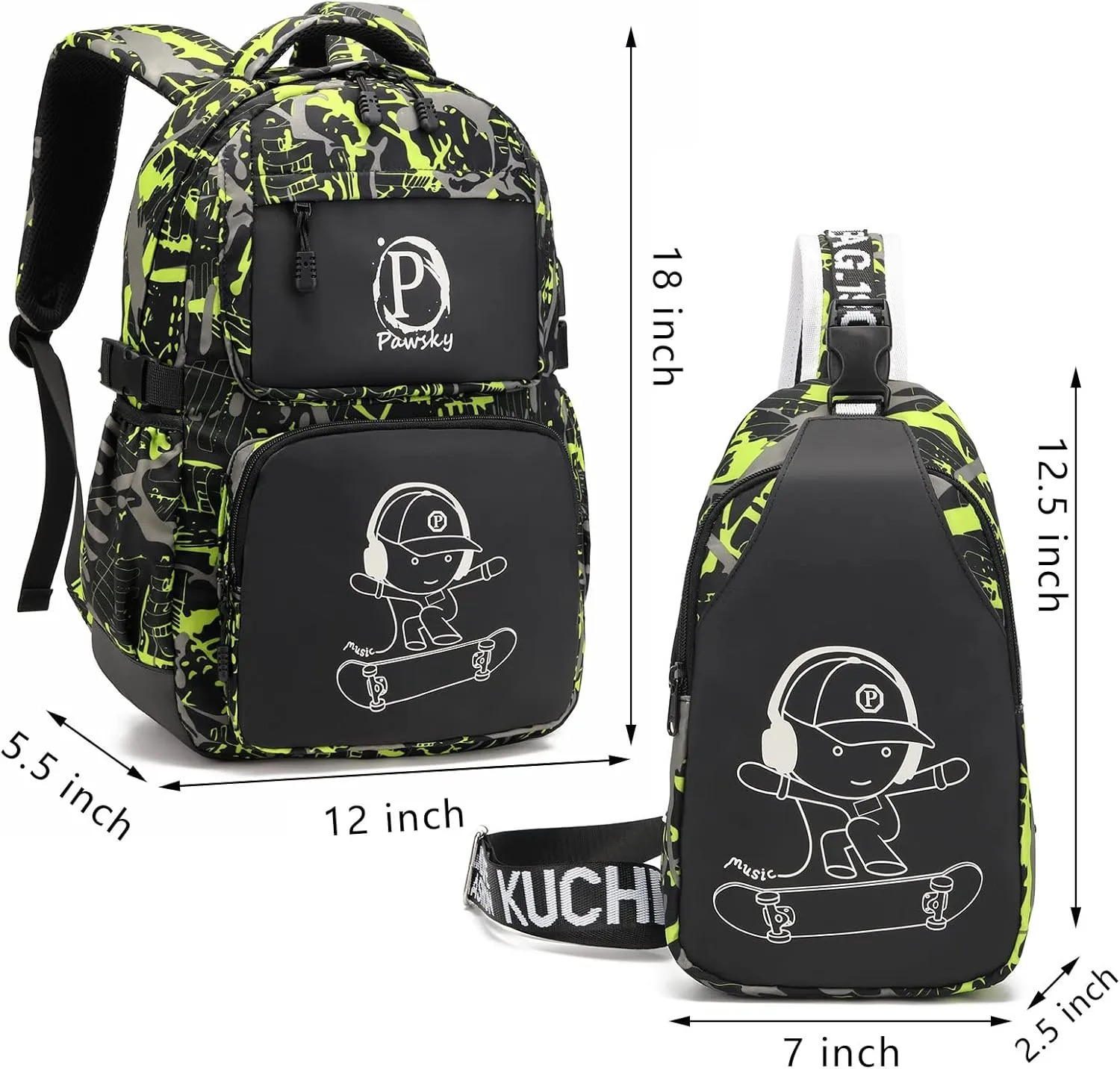 Kids Backpack Boys School Backpacks with USB Charging Port, College Elementary School Bookbag Skateboard Anime Luminous Lightweight Laptop Bag with Sling Bag, Green