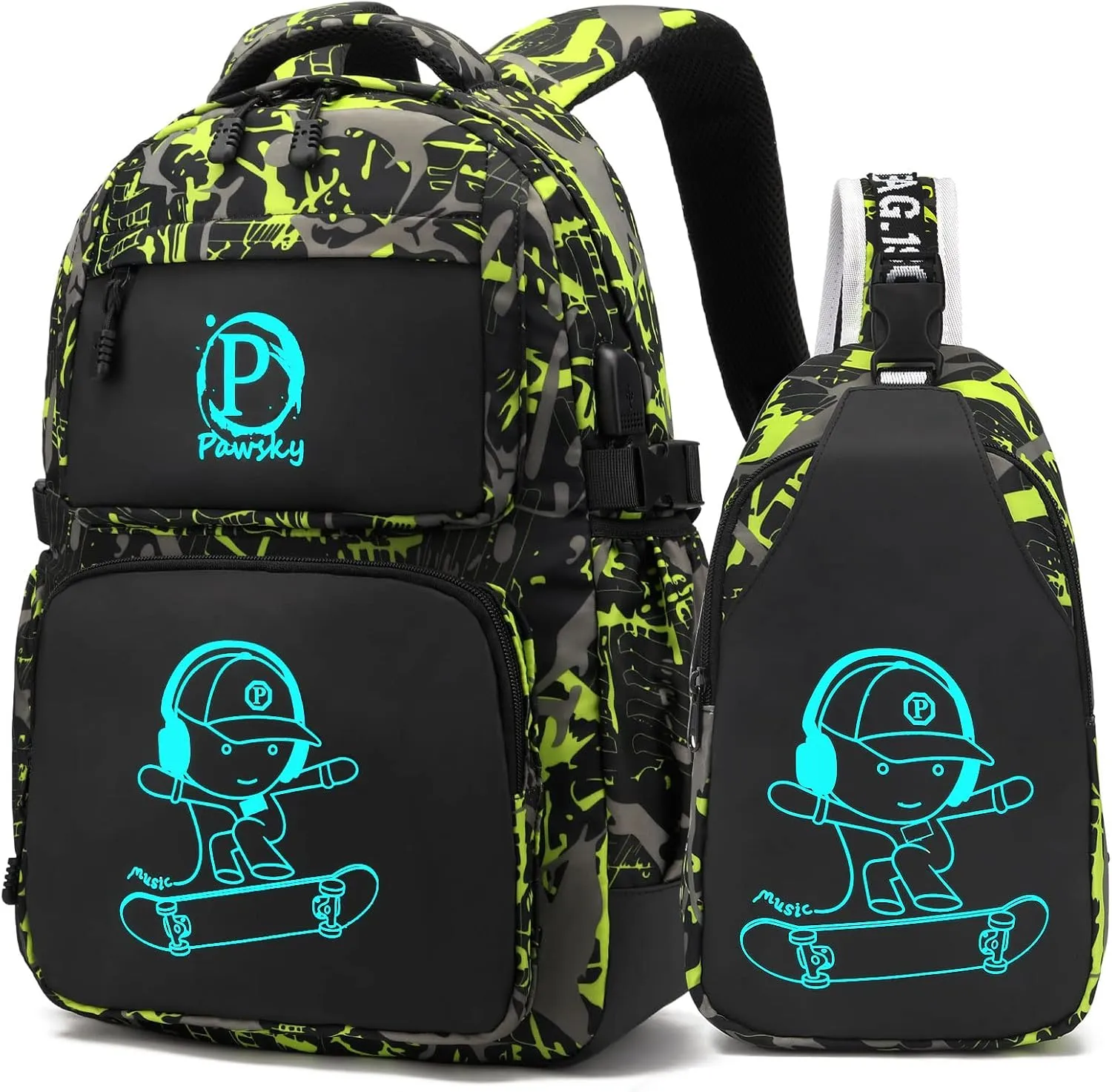 Kids Backpack Boys School Backpacks with USB Charging Port, College Elementary School Bookbag Skateboard Anime Luminous Lightweight Laptop Bag with Sling Bag, Green