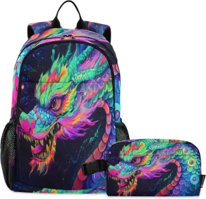 Kids Backpack Colorful Dragon Boys Girls School Backpack with Lunch Bag Bookbag Set
