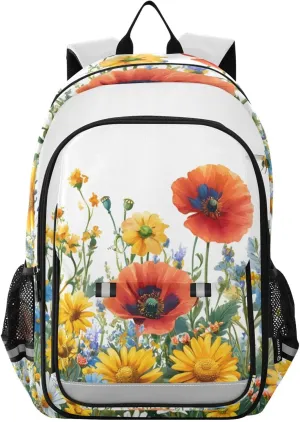 Kids Backpack Flower Bed Print for Girls Boys, Travel Hiking School Bag Bookbag with Reflective Strip Multiple Pockets Large Capacity