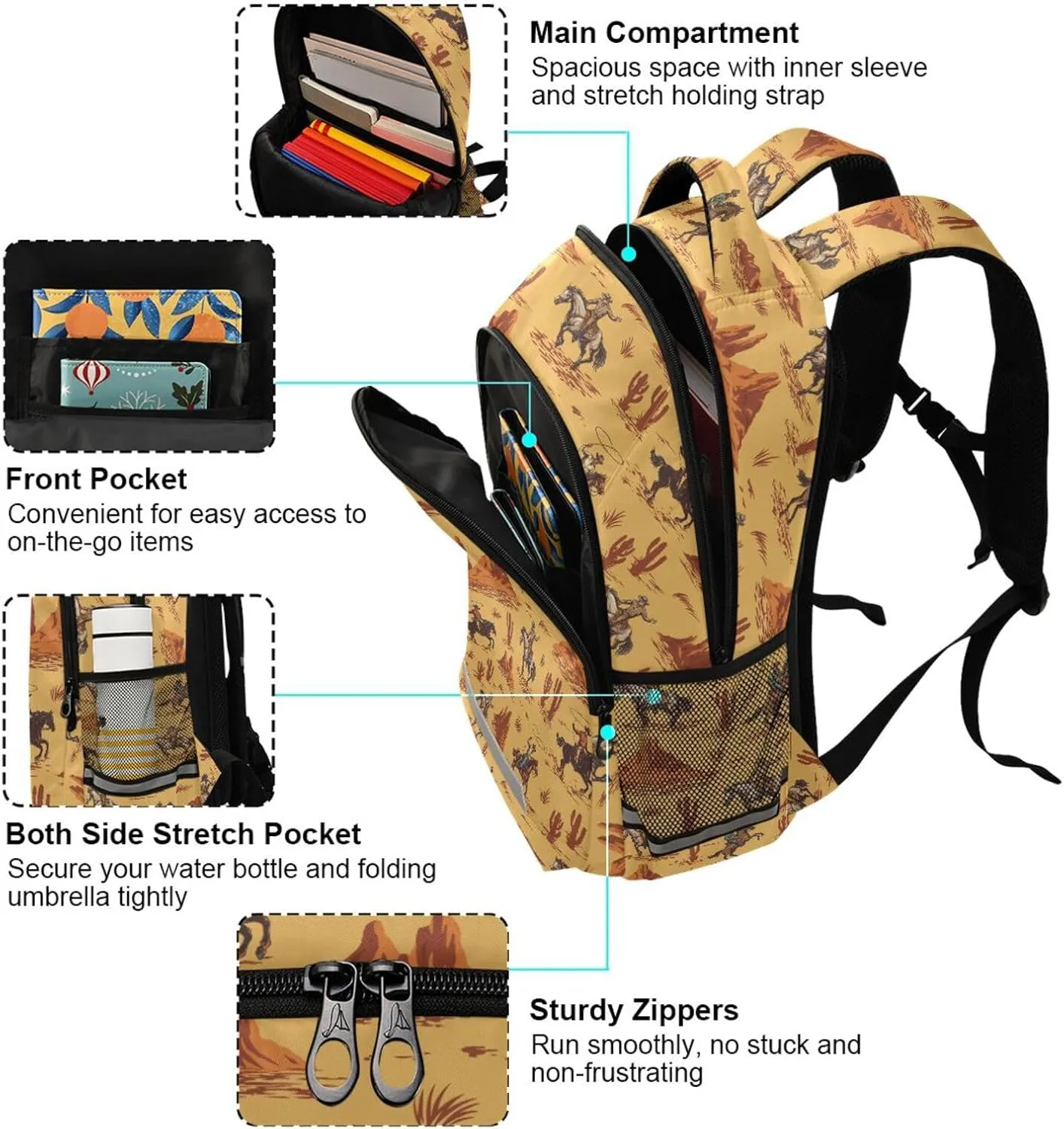 Kids Backpack for Boys Girls Bookbags Western Desert Cowboy School Backpack Elementary Bags Travel Daypack Lightweight Waterproof with Reflective Strip