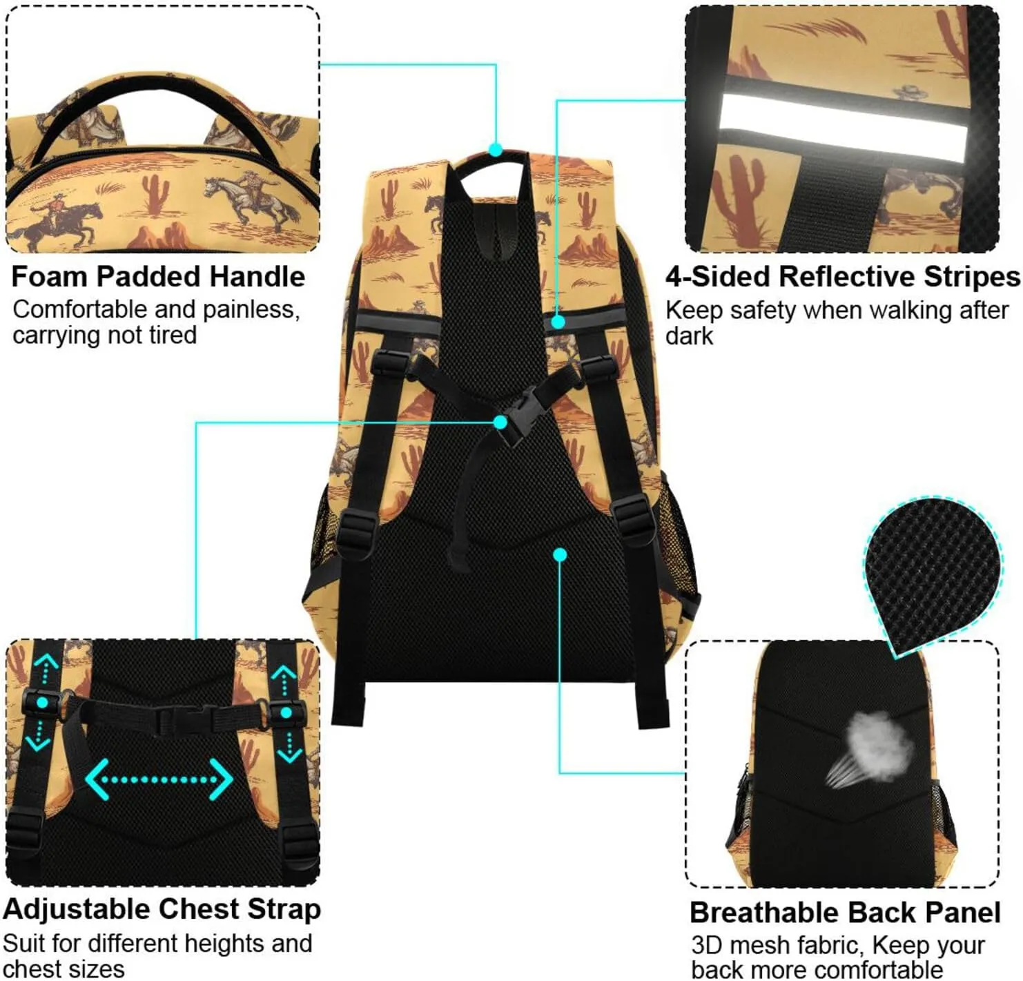 Kids Backpack for Boys Girls Bookbags Western Desert Cowboy School Backpack Elementary Bags Travel Daypack Lightweight Waterproof with Reflective Strip