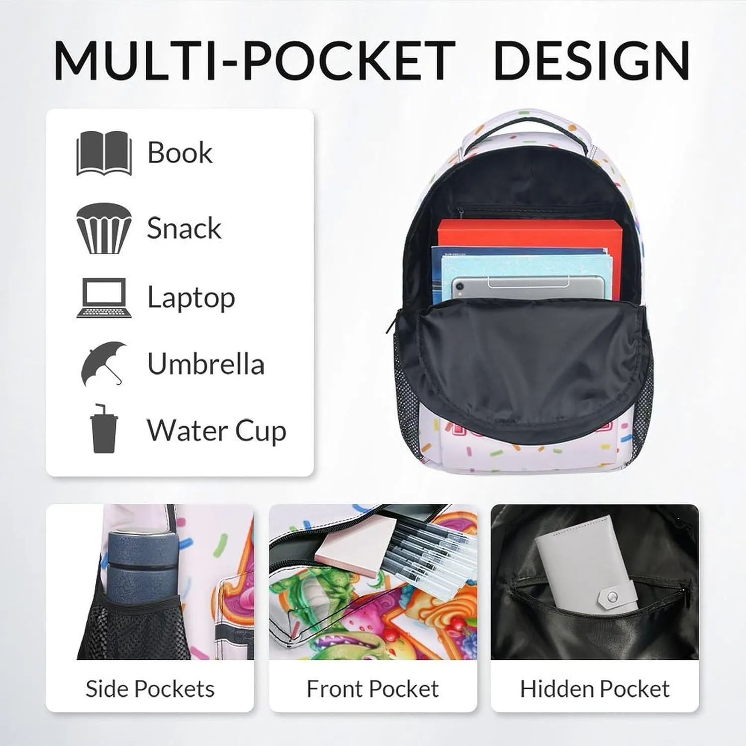 Kids Backpack Set for School, Personalized Animal Backpacks for Girls Boys, Custom Name Bookbag for School, 17 Inch Cute Food Bookbags with Lunch Box and Pencil Case