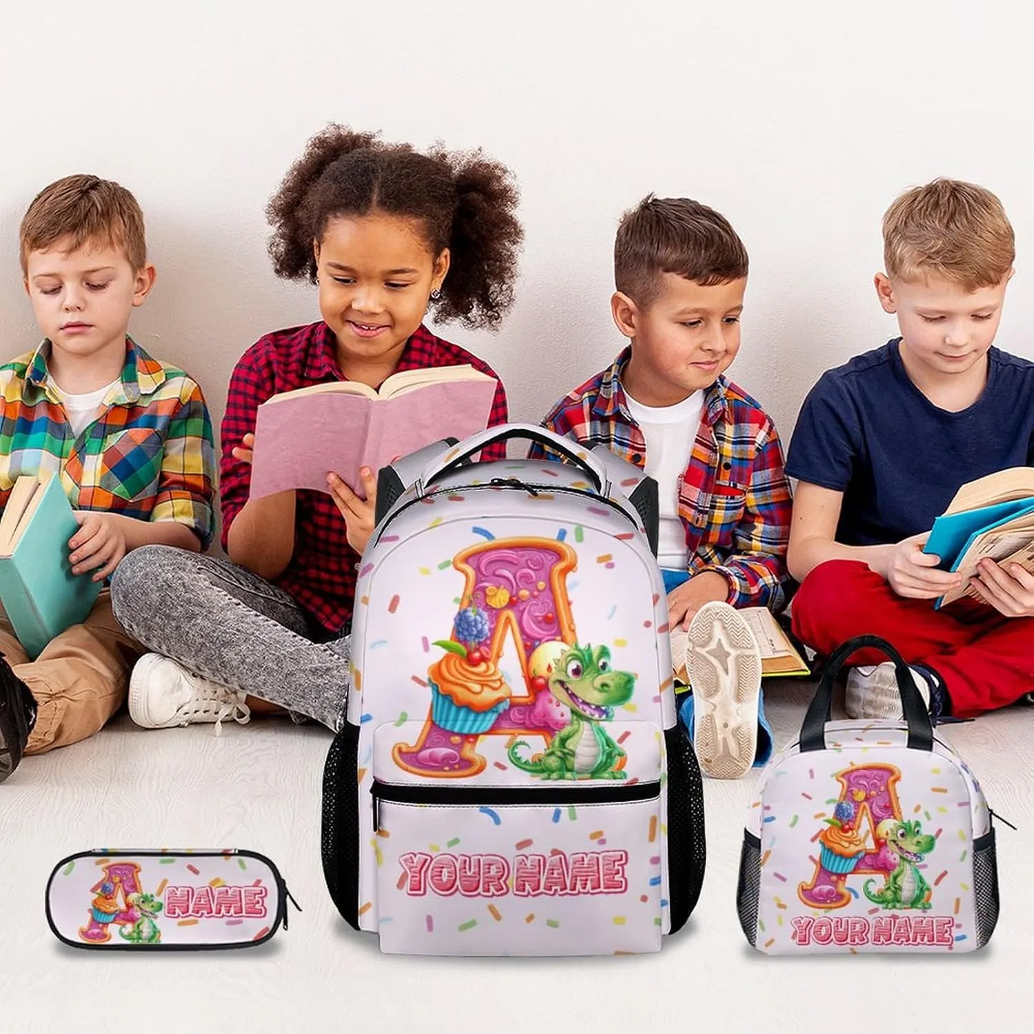 Kids Backpack Set for School, Personalized Animal Backpacks for Girls Boys, Custom Name Bookbag for School, 17 Inch Cute Food Bookbags with Lunch Box and Pencil Case