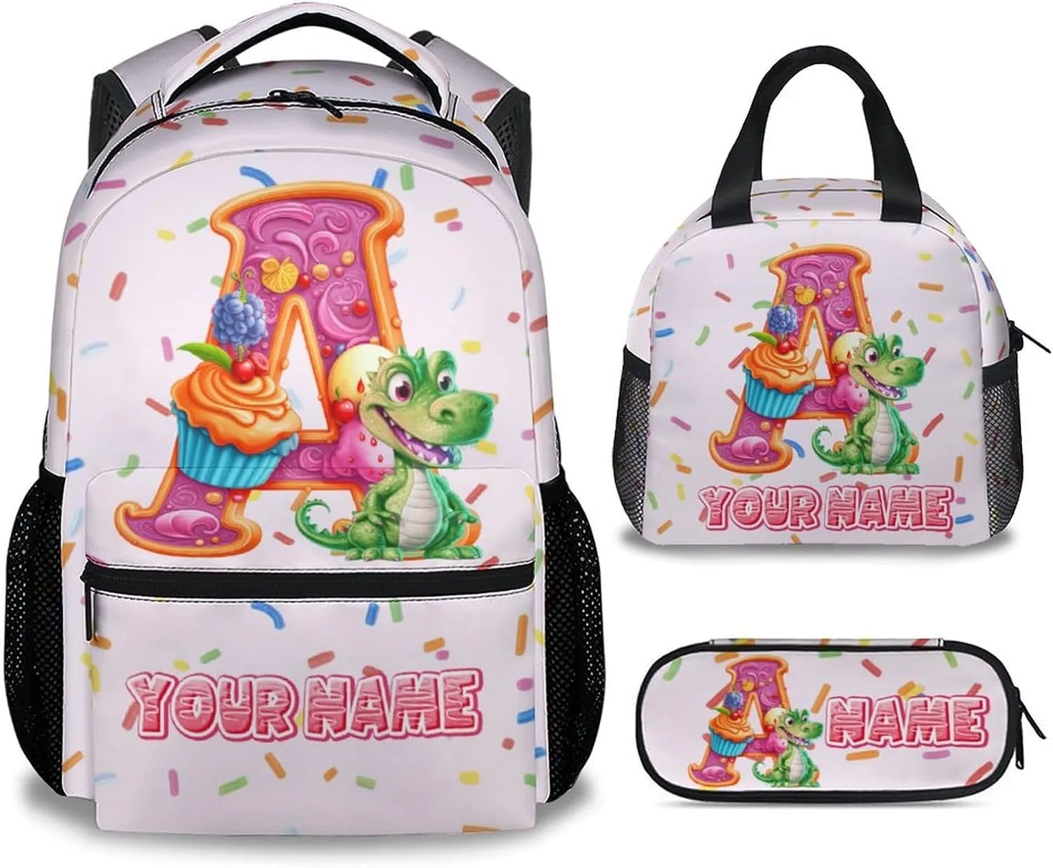 Kids Backpack Set for School, Personalized Animal Backpacks for Girls Boys, Custom Name Bookbag for School, 17 Inch Cute Food Bookbags with Lunch Box and Pencil Case
