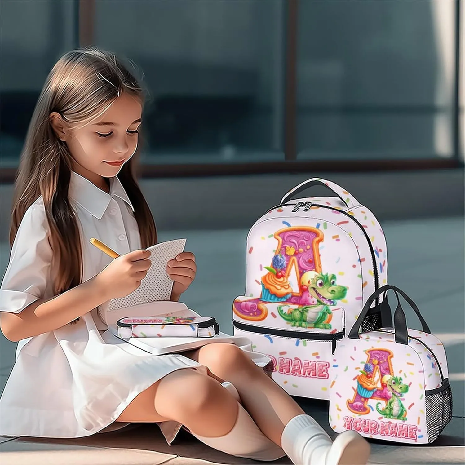 Kids Backpack Set for School, Personalized Animal Backpacks for Girls Boys, Custom Name Bookbag for School, 17 Inch Cute Food Bookbags with Lunch Box and Pencil Case