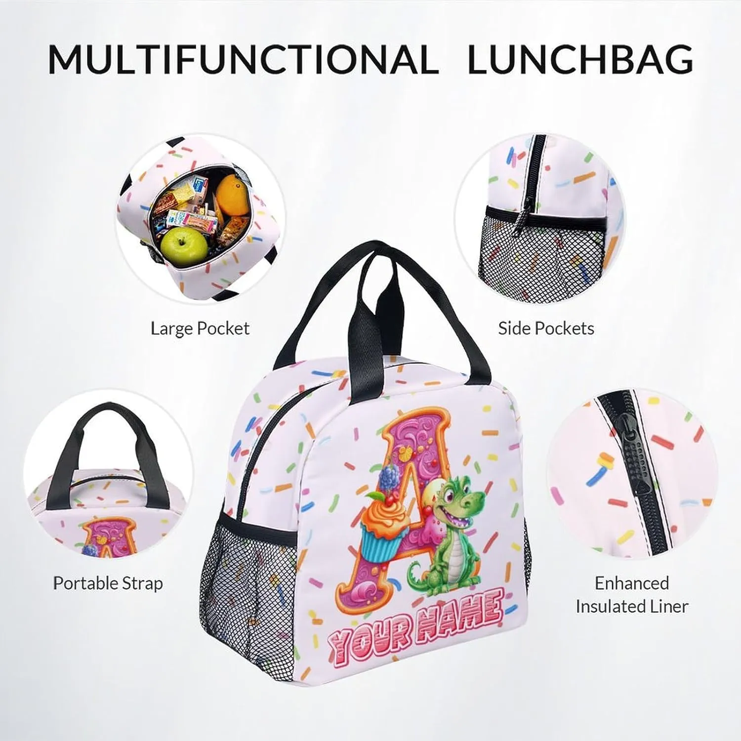 Kids Backpack Set for School, Personalized Animal Backpacks for Girls Boys, Custom Name Bookbag for School, 17 Inch Cute Food Bookbags with Lunch Box and Pencil Case