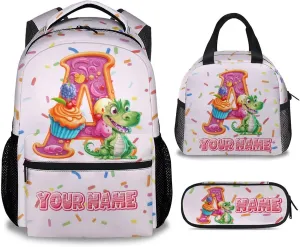 Kids Backpack Set for School, Personalized Animal Backpacks for Girls Boys, Custom Name Bookbag for School, 17 Inch Cute Food Bookbags with Lunch Box and Pencil Case