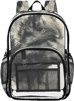 Kids PVC Clear Backpack Wolf Black Double Exposure Heavy Duty Multi-pockets Large Capacity Transparent See Through Bookbag for School Travel Sport Work
