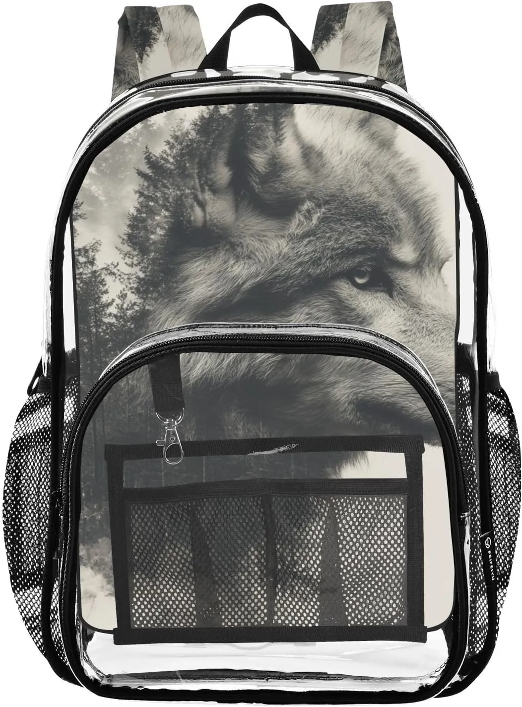Kids PVC Clear Backpack Wolf Black Double Exposure Heavy Duty Multi-pockets Large Capacity Transparent See Through Bookbag for School Travel Sport Work