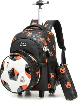 Kids Rolling Backpack Roller Backpack with Wheels for Elementary Kindergarten School Students Football Trolley School Bag for Boys
