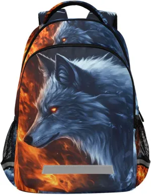 Kids School Backpack-Flaming Wolf for Boys Girls Ages 6-12, Lightweight Bookbag with Padded Straps Reflective Stripes Daypack for Travel Hiking Study