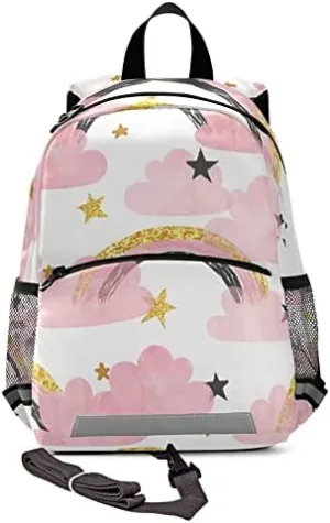 Kid's Toddler Backpack Clouds Stars Schoolbag Safety Leash for Boys Girls, Pink Rainbows Kindergarten Children Bag Preschool Nursery Travel Bag Chest Clip Reflective Stripe