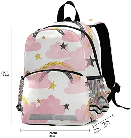 Kid's Toddler Backpack Clouds Stars Schoolbag Safety Leash for Boys Girls, Pink Rainbows Kindergarten Children Bag Preschool Nursery Travel Bag Chest Clip Reflective Stripe