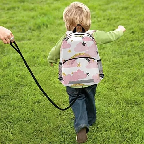 Kid's Toddler Backpack Clouds Stars Schoolbag Safety Leash for Boys Girls, Pink Rainbows Kindergarten Children Bag Preschool Nursery Travel Bag Chest Clip Reflective Stripe