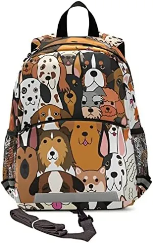Kid's Toddler Backpack Cute Pet Dogs Head Schoolbag Safety Leash for Boys Girls, Doodle Puppies Kindergarten Children Bag Preschool Nursery Travel Bag Chest Clip Reflective Stripe