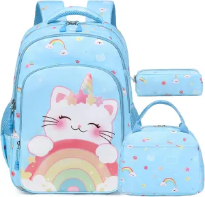 Kimwadalh Girls Backpack with Lunch Box Pencil Case for Elementary School, 3 in 1 Schoolbag with Chest Strap for School Girls