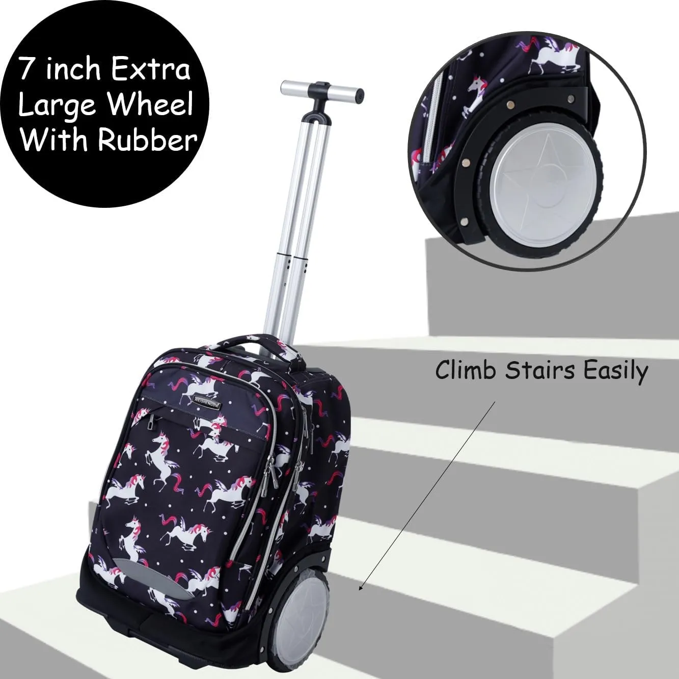 King Mills 18in Roller Backpack, Rolling Bookbag w. 7in Extra Large Wheel. Easy Convert Between Roller and Backpack. Ideal for Daily Use or Travel. Pink Flamingo
