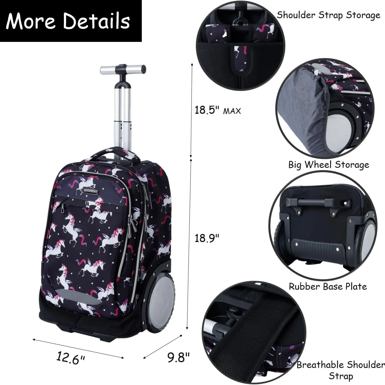 King Mills 18in Roller Backpack, Rolling Bookbag w. 7in Extra Large Wheel. Easy Convert Between Roller and Backpack. Ideal for Daily Use or Travel. Pink Flamingo
