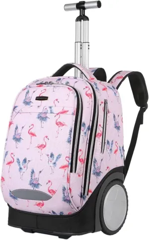 King Mills 18in Roller Backpack, Rolling Bookbag w. 7in Extra Large Wheel. Easy Convert Between Roller and Backpack. Ideal for Daily Use or Travel. Pink Flamingo