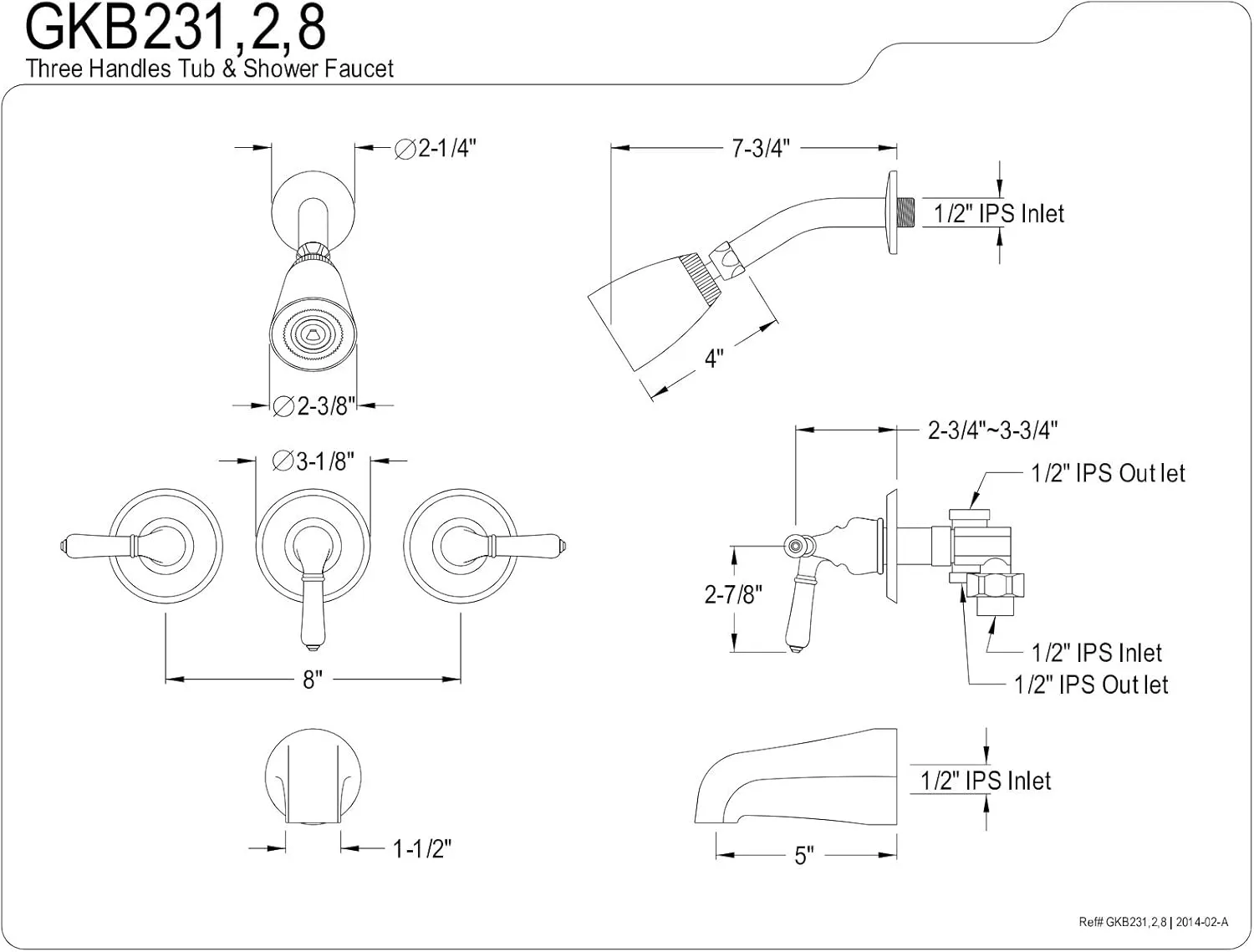 Kingston Brass GKB232 Magellan Tub and Shower Faucet with Three Handles, Polished Brass