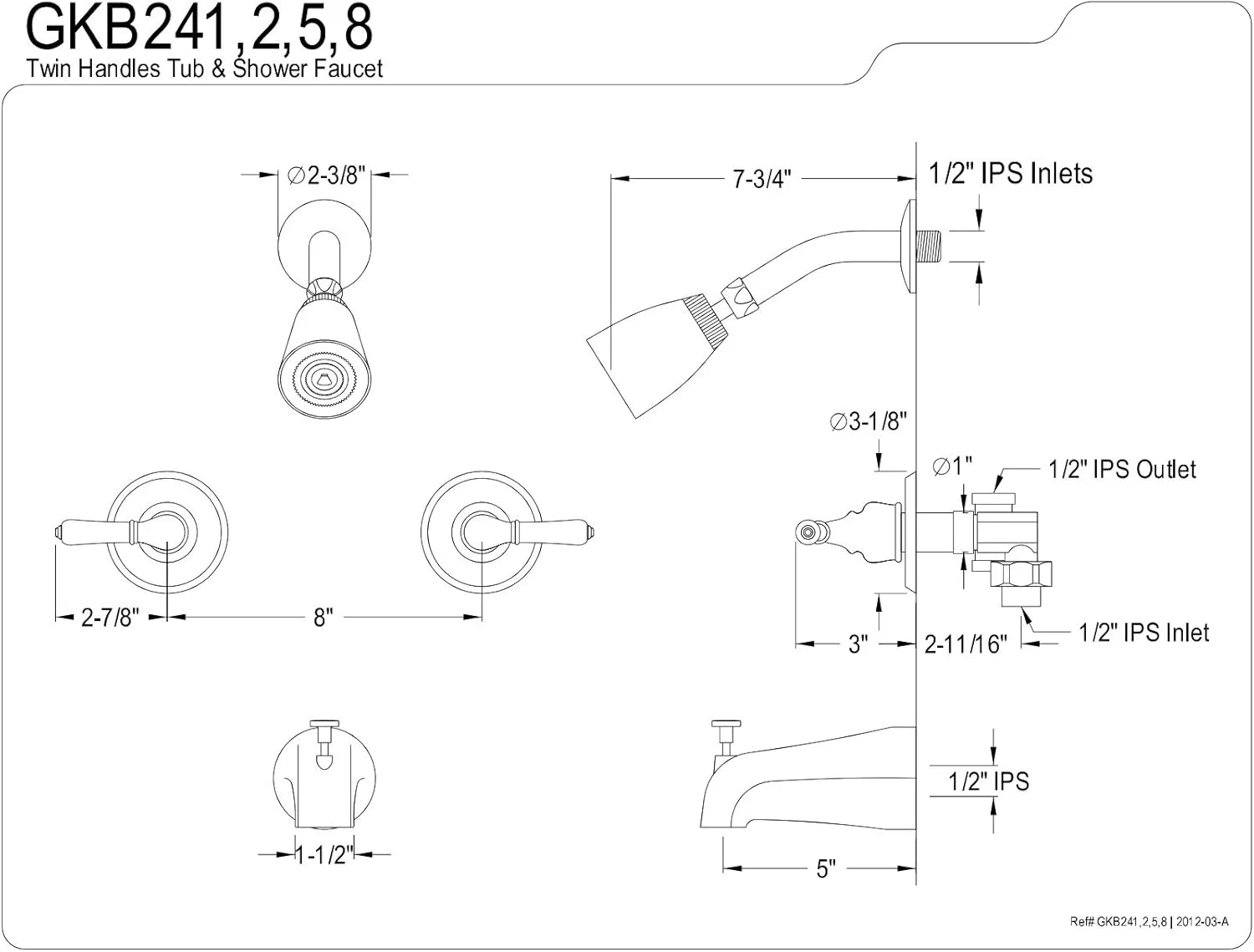 Kingston Brass GKB248 Magellan Tub and Shower Faucet with Two Handles, Brushed Nickel 11.68 x 8 x 7.38