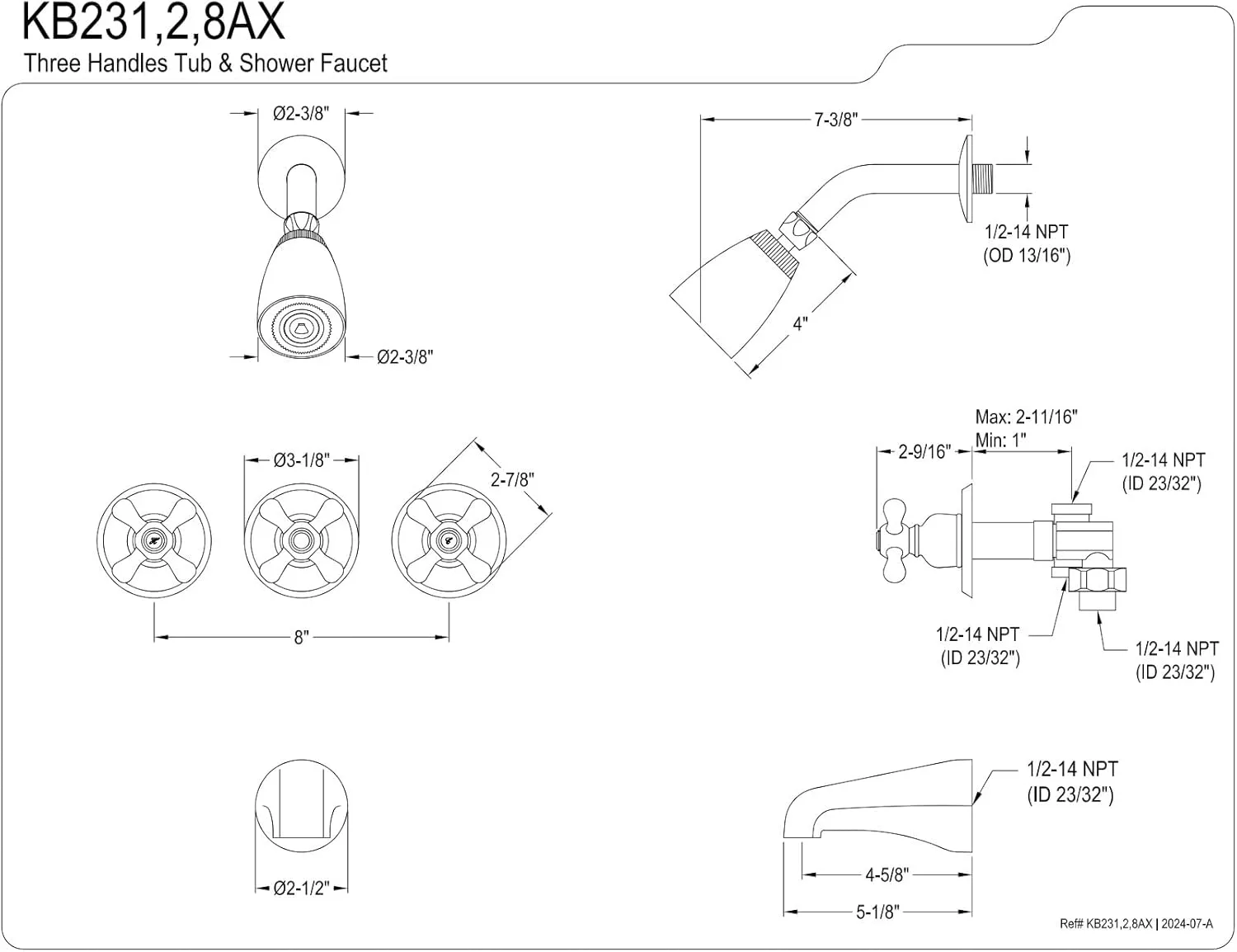 Kingston Brass KB232AX Tub and Shower Faucet with Three Cross Handles, Polished Brass 5-Inch Spout Reach