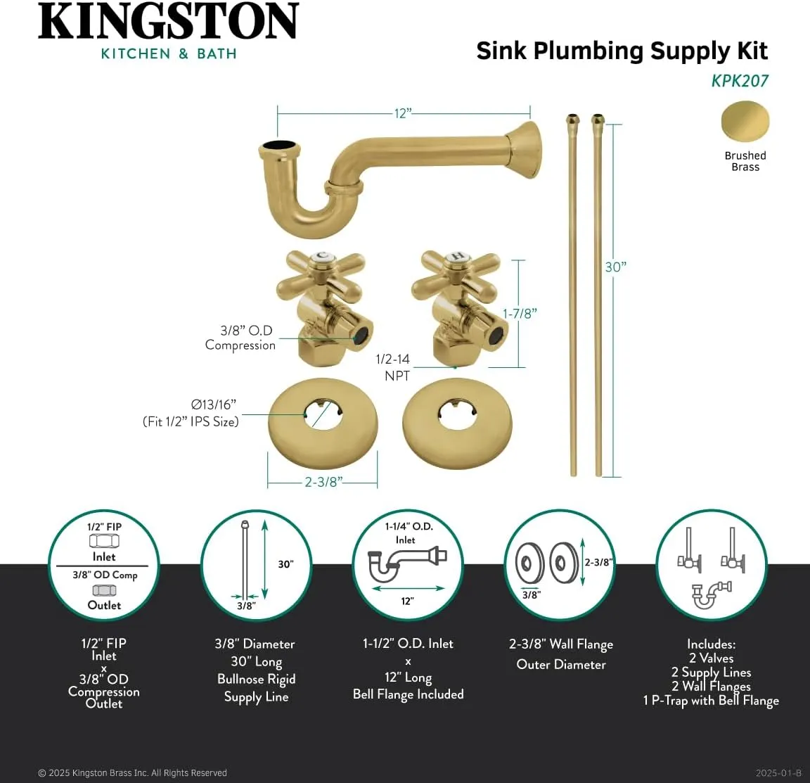 Kingston Brass KPK207 Gourmet Scape Plumbing Supply Kit with 1-1/2" P-Trap - 1/2" IPS Inlet x 3/8" Comp Oulet, Brushed Brass