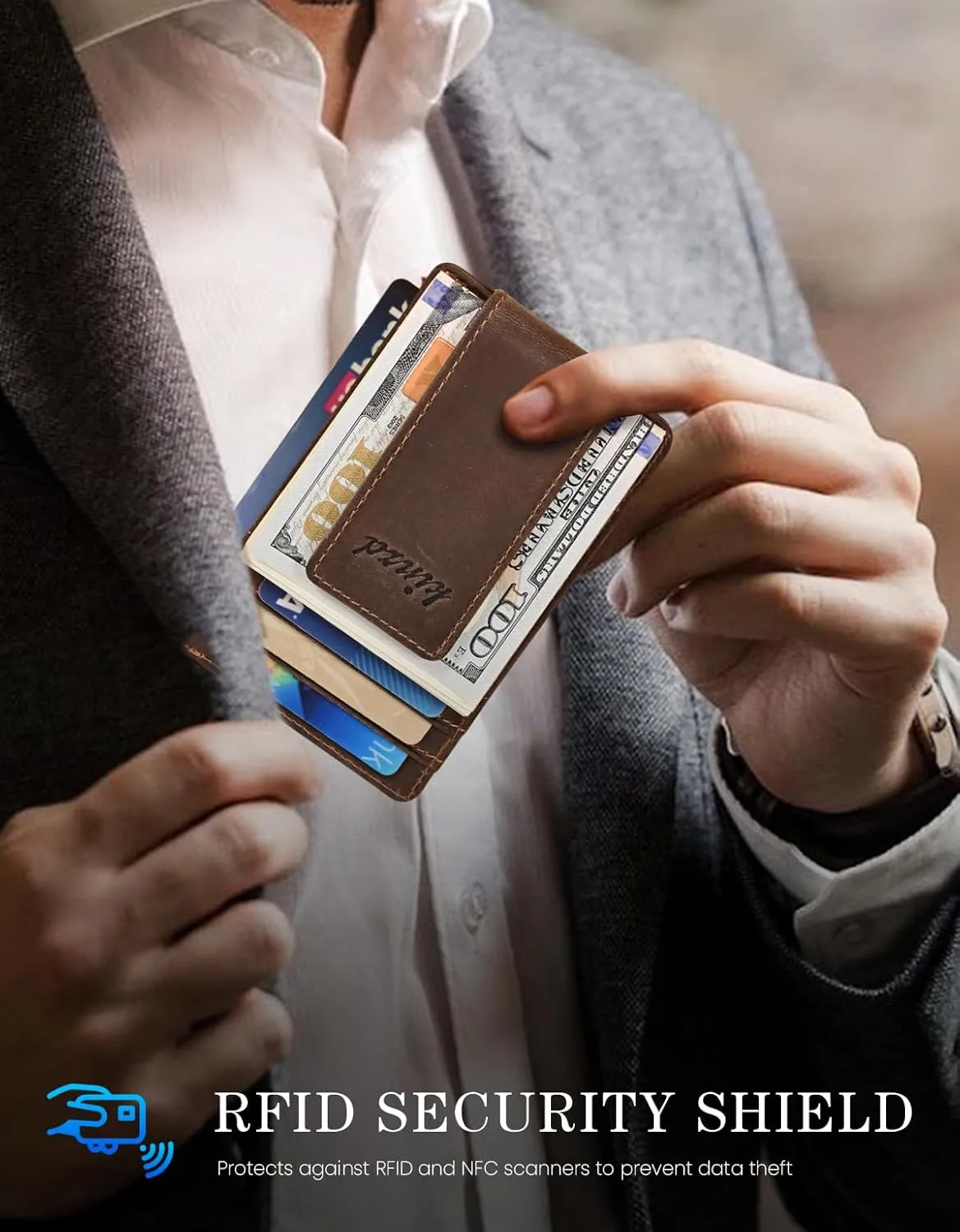 kinzd Money Clip, Front Pocket Wallet, Leather RFID Blocking Strong Magnet thin Wallet