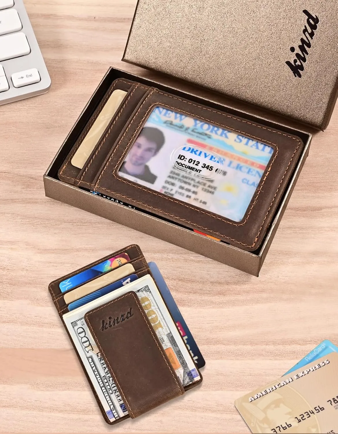 kinzd Money Clip, Front Pocket Wallet, Leather RFID Blocking Strong Magnet thin Wallet