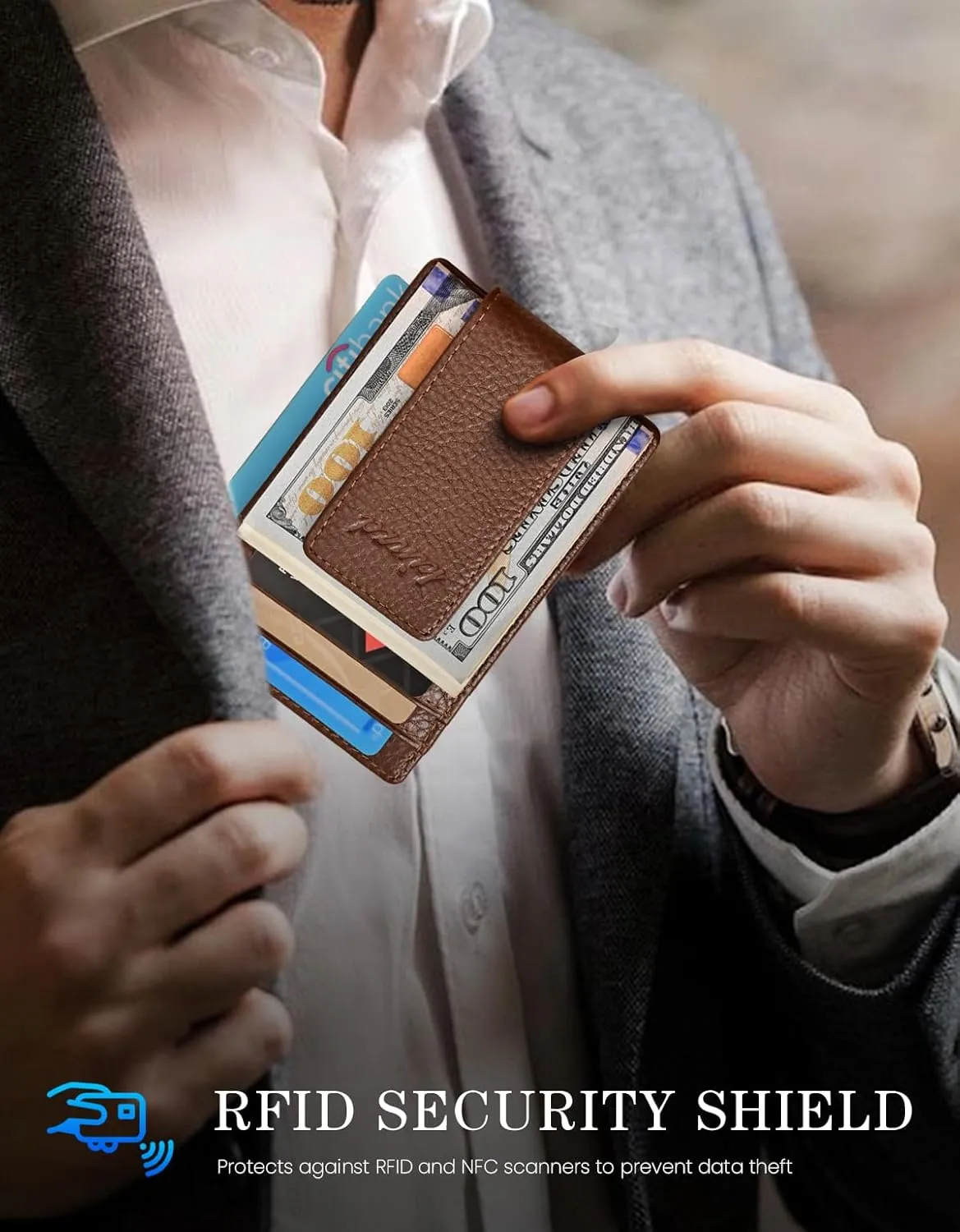 kinzd Money Clip, Front Pocket Wallet, Leather RFID Blocking Strong Magnet thin Wallet
